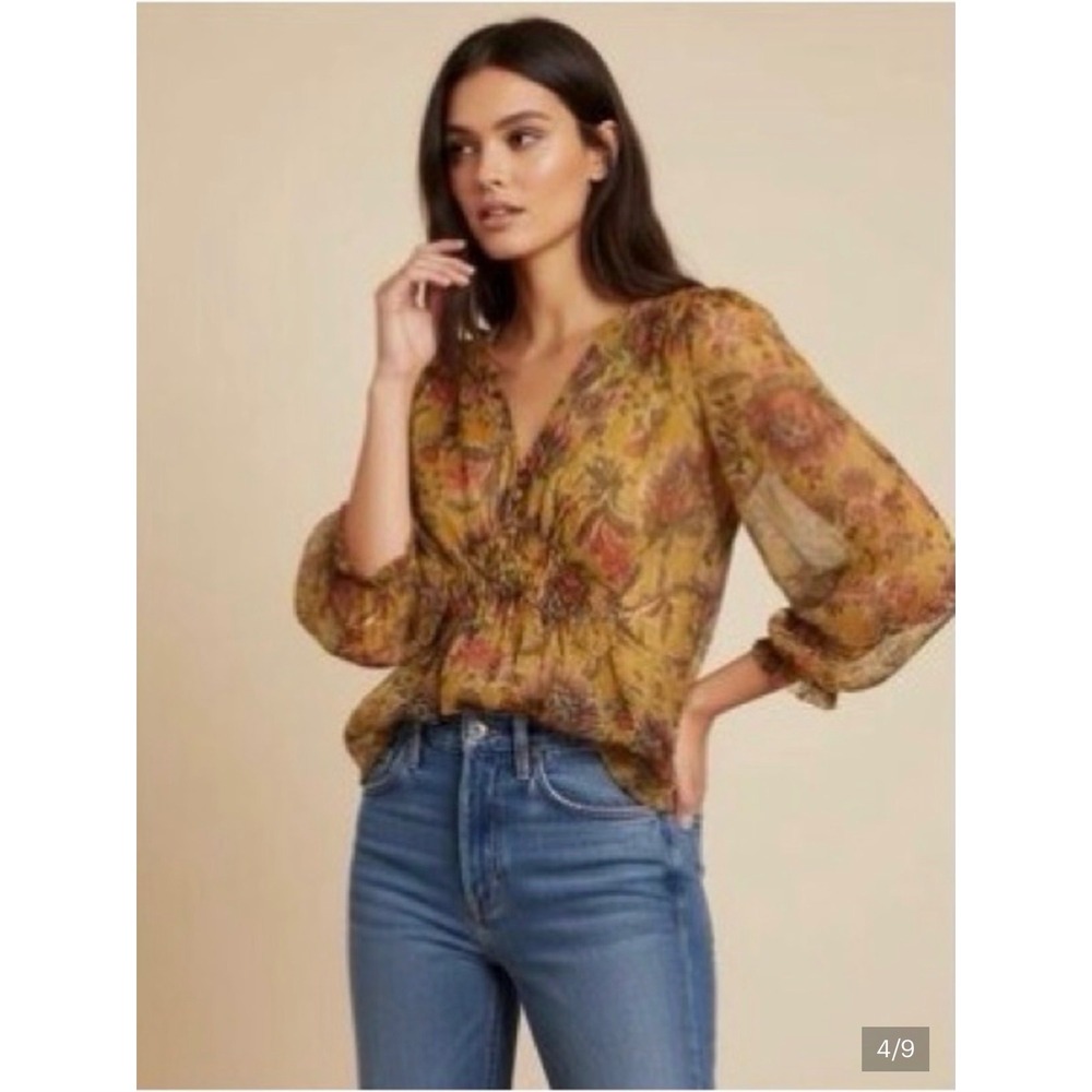 Anthropologie NWT XS Yellow Floral Mesh V-Neck Blouse Smocked Top Gretchen Tunic